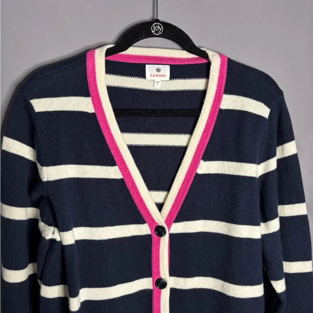 Sundry Navy White Striped Cardigan Pink Detail Large